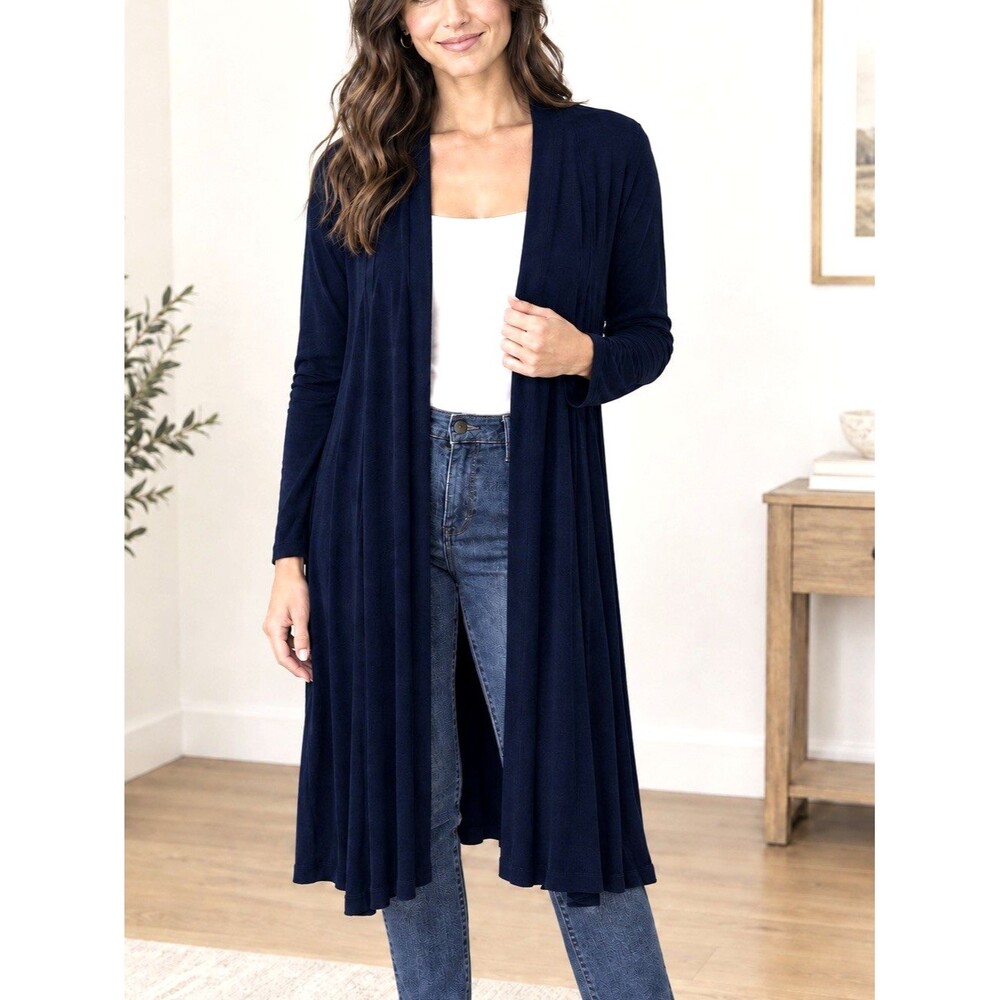 Chico's One-Button Open Front Long Navy Stretch Cardigan-Size 1 (Medium-Sz 8)